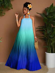 Maweii Plus Size Women Sexy Gradient Print Halter Pleated Decor Versatile Fashion Dress, New Spring/Summer - Multicolor - View 5