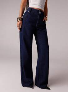 Avantive 女士夏季休闲低腰直筒金属纽扣水洗宽松深蓝色牛仔裤 - 深色水洗藍 - 查看 6