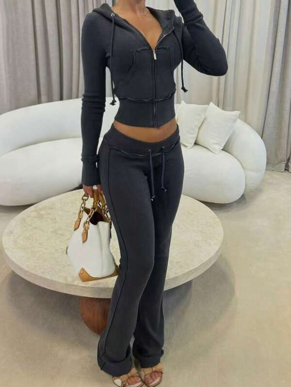 INAWLY Solva Women's Zipper Hoodie Top & Long Pants Set, Solid Color
