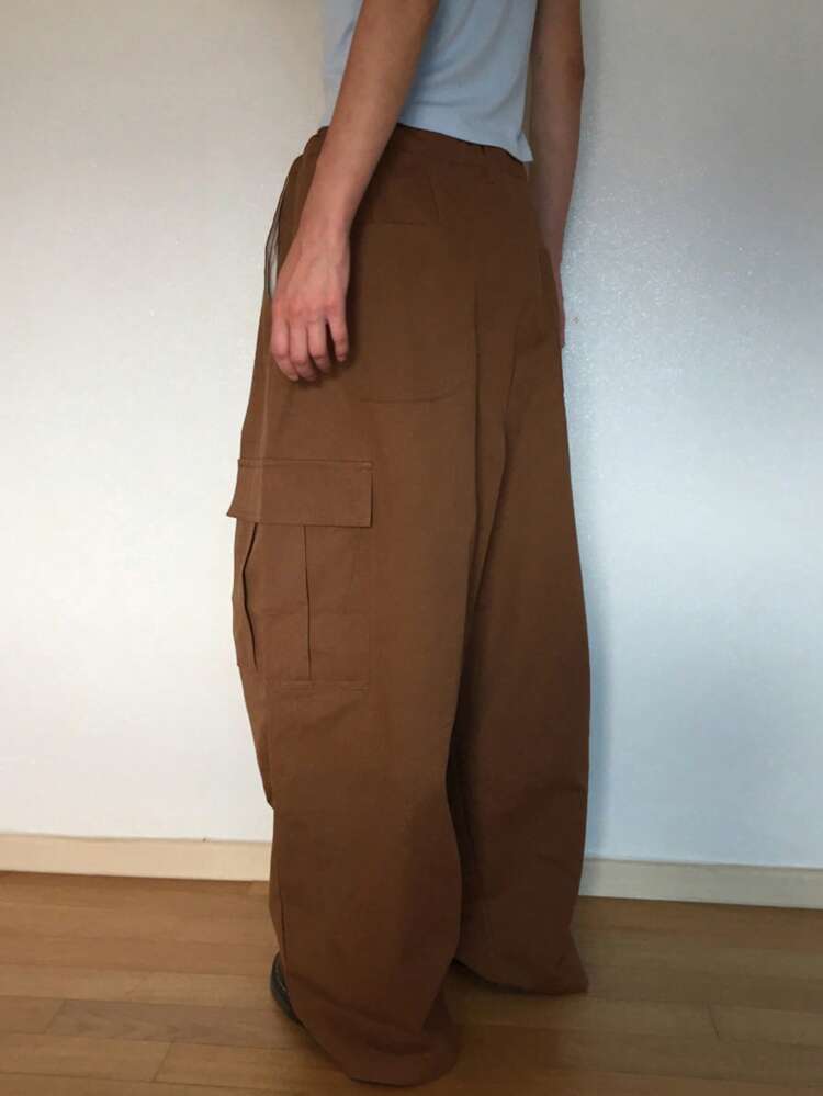 Women's Adjustable Drawstring Waist Loose Cargo Pants, Brown, All Season