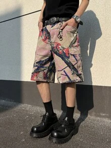 Manfinity Roghcode Men's Printed Denim Bermuda Shorts: Avant-Garde Street Casual Style With Zipper Details And A Bold Multicolor Design - Multicolor - View 8