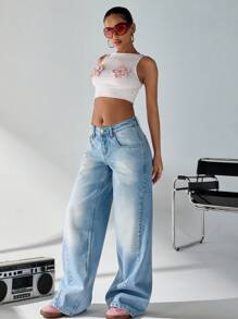 RueChic Low Waist Vintage Wash Wide Leg Jeans, Fashionable For Summer
