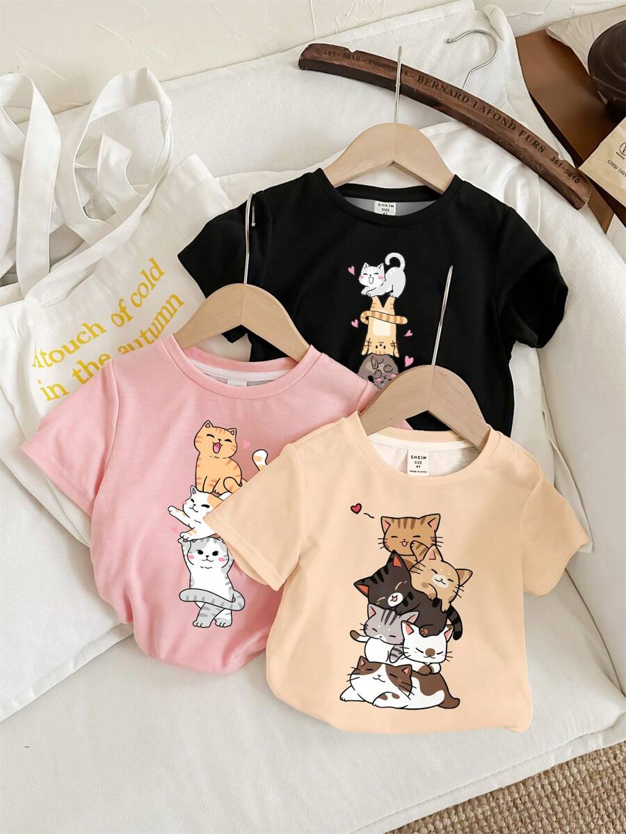 SHEIN Leap Crew Tween Girls Casual Minimalist Cute Cat Graphic Multi-Piece T-Shirt, Suitable For Summer - Multicolor - View 1
