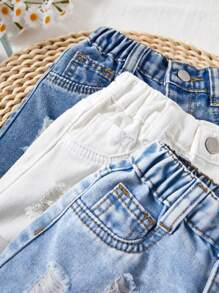 SHEIN 3 Packs Baby Girl 2025 New Denim Shorts, Navy, Light Blue, White, Spring And Summer Casual Vacation - Multicolor - View 5