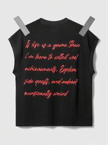 ROMWE MEN Street Life Men's Letter Print Round Neck Casual Loose Tank Top - Black - View 3