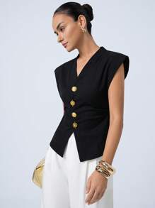 Aveloria Modichic 新款时尚高端收腰V领盖袖背心，优雅开叉不对称金属纽扣百搭通勤衬衫 - 黑色 - 查看 5