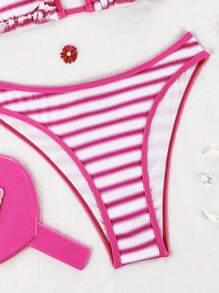 SHEIN Swim Women's Striped Ombre Textured Fabric Print Tie-Front Triangle Bikini Set, Vacation Beach For Summer - Hot Pink - View 4