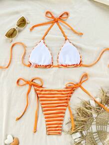 SHEIN Women's Stripe Print Cross Halter Backless Sexy Bikini Set For Beach Vacation - Orange - View 2