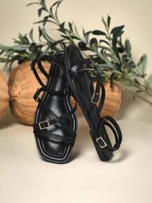 SHUZIA 女士交叉趾带踝扣平底凉鞋 - 黑色 - 查看 5