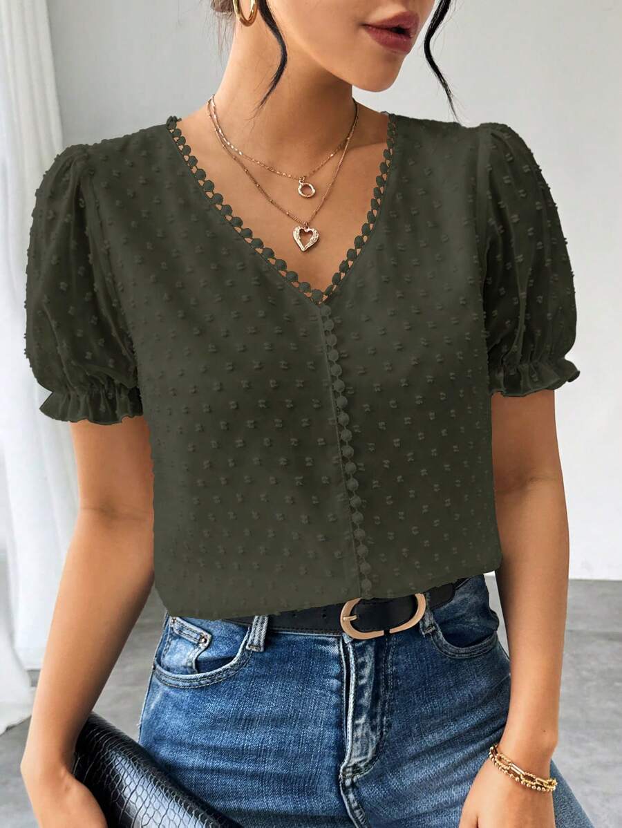 SHEIN Clasi Women's French Solid Color Swiss Polka Dot Ruffle Detail V-Neck Puff Sleeve Blouse - Dark Green - View 1