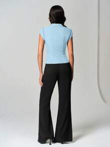 TRNVIE Smog Blue Cinched Waist Button V-Neck Casual Elegant Women Cap Sleeve Blouse - Baby Blue - View 2