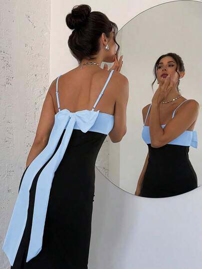 Firerie Women's Elegant Minimalist Exquisite Romantic Sweet Wedding Ceremony Party Vacation Backless Colorblock Bow Decor Black & White Spaghetti Strap Long Dress, Spring/Summer,Party Dress