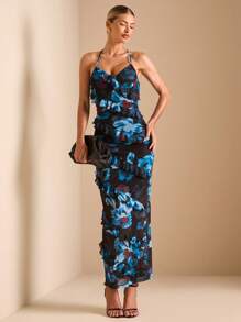 SHEIN BAE Women's Floral Print Ruffle Hem Maxi Dress, Elegant Stylish Outfit For Party, Date, Vacation, Back To School, Summer - Blue - View 5