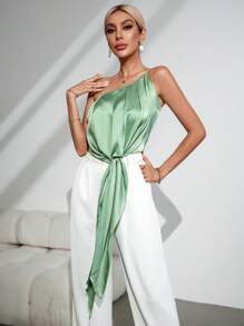 Firerie Plus Size Women Elegant Green Satin One Shoulder Asymmetric Hem Top With Tie Front, Suitable For Business Events, Fashion Commute, Heritage Style, Country Music Festival, Office Attire - Green - View 7