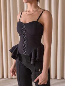 EURMUSE Femme Élégante Volant Partie Peplum Corset Bustier Détail de ruban satin Devant Garni de dentelle Laçage Couleur unie - Noir - Voir 6
