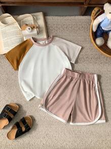 Blossori Young Boys French Elegant Splice Raglan Sleeve Crew Neck T-Shirt And Shorts Set, Spring/Summer - Multicolor - View 1