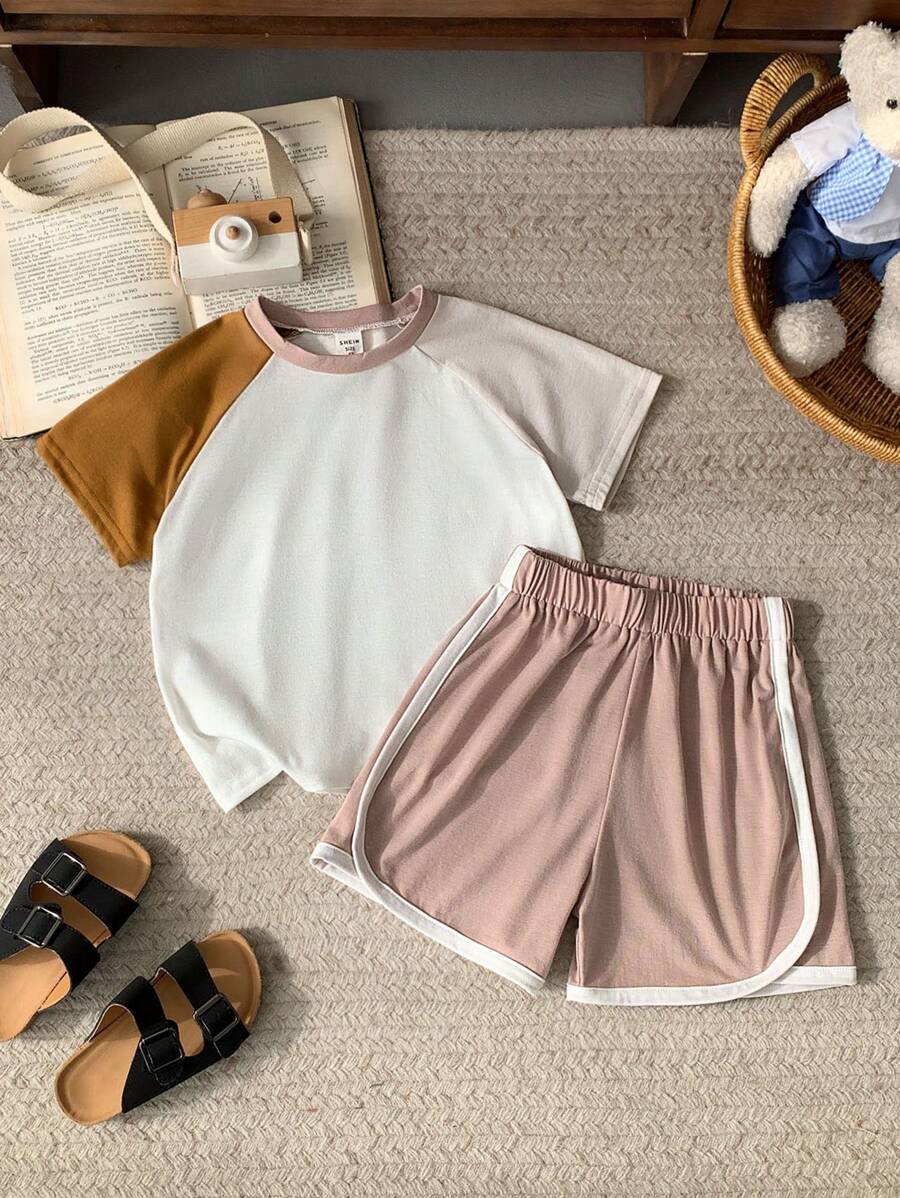 Blossori Young Boys French Elegant Splice Raglan Sleeve Crew Neck T-Shirt And Shorts Set, Spring/Summer - Multicolor - View 1