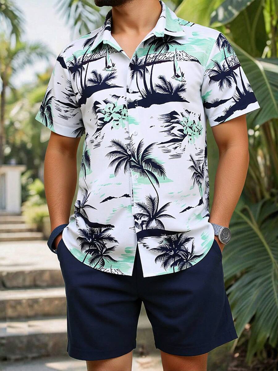 Manfinity RSRT 男士休闲棕榈树印花短袖衬衫和短裤套装，度假