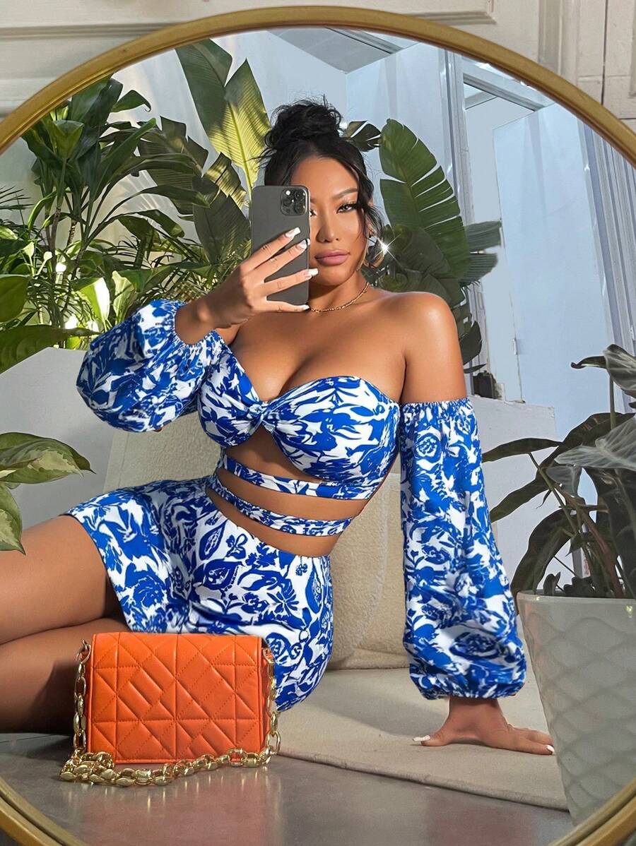 SHEIN SXY 女士撞色印花抹胸上衣 - 藍色 - 查看 1