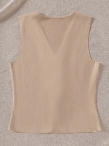 SHEIN EZwear Camiseta sin mangas informal de mujer de unicolor con cuello en V y abotonadura sencilla - Caqui - Ver 2