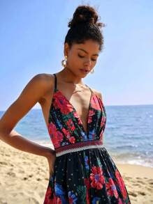 Travachic 女士梭织印花露肩长袖高开衩连衣裙、女士夏季服装、沙滩装、复活节、女士沙滩装、春假、女士度假服装、女士演唱会服装、波西米亚风、波西米亚风、音乐节、热带度假女装 - 黑與白 - 查看 3