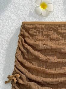 SHEIN Tween Girl Solid Color Hollow Out Ruched Skirt, Vacation/Beach - Coffee Brown - View 4