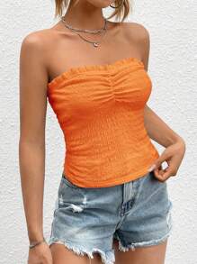SHEIN EZwear Women's Casual Orange Strapless Knitted Ruched Tube Top: Sleeveless And Regular Length For Everyday Wear - Orange - View 4