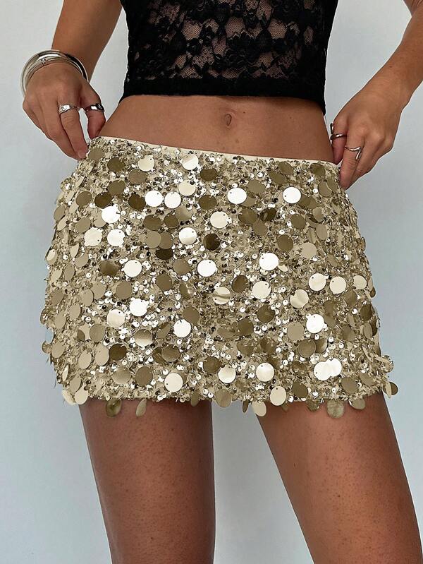 Aloruh Women's Sexy Low Waist Sequin Embroidery Pink Super Short Party Mini Skirt