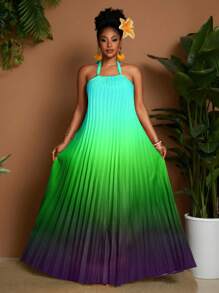 Maweii Vestido de verano nuevo de diseño sexy con plisados, decoración y estampado degradado en tono, con escote halter, para mujeres de talla grande - Multicolor - Ver 2