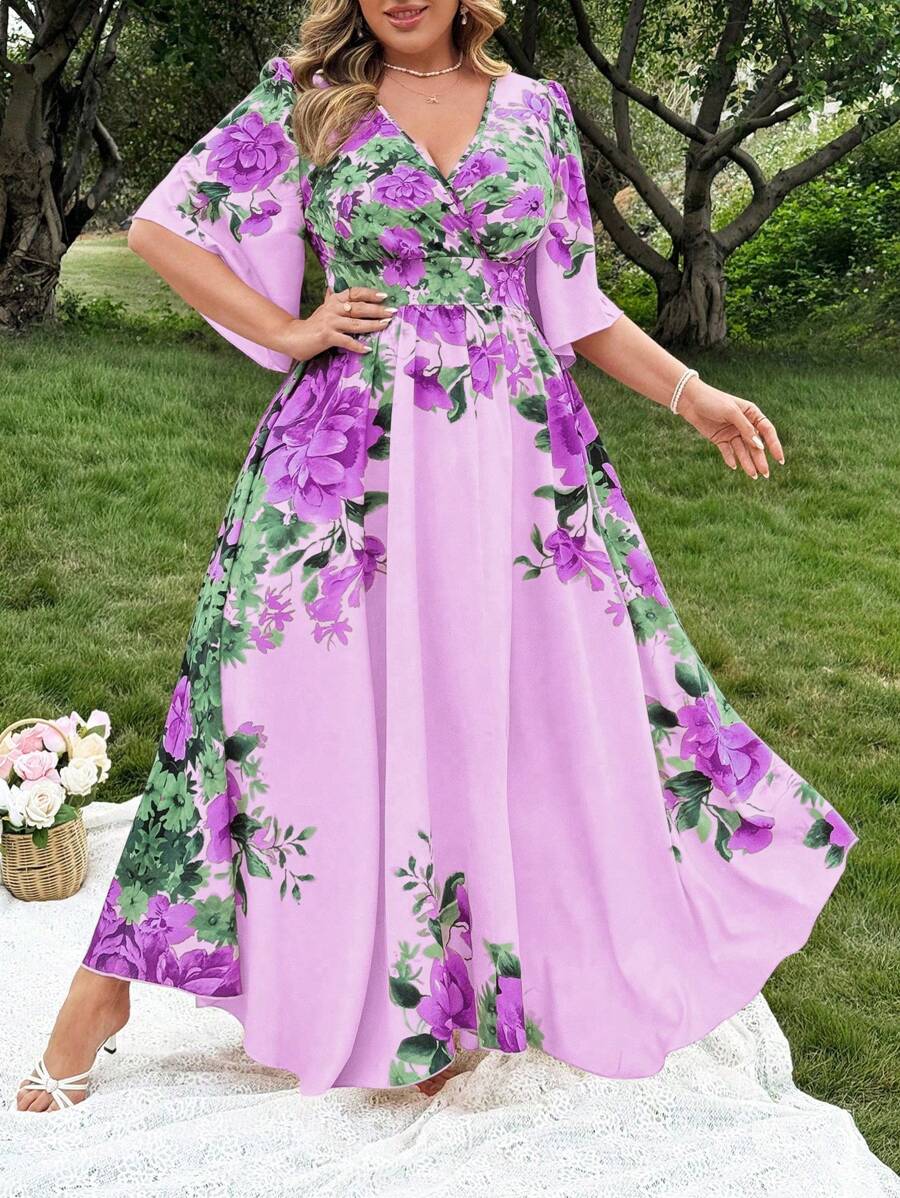 Flirla Plus Size V-Neck Ruffle Sleeve Flared Hem Elegant Vacation Wedding Bridesmaid Dress For Women - Purple - View 1