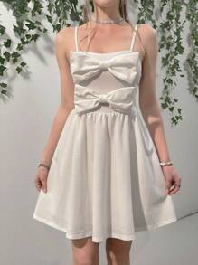 SHEIN Teen Girls' White Elegant Bow Decor Slip Dress - White - View 1