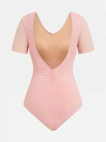 Dansine Women's Short Sleeve Tight-Fitting Ballet Leotard, Adult Gymnastics/Dance Tight-Fitting Top, Solid Color With Sexy V-Neck Mesh Accent, Ballet Dance Costume, Short Sleeve Dress