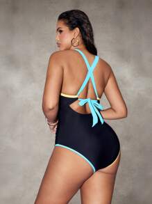 Nuvra 1pc Tummy Control Women One-Piece Swimsuit With Color Block Shoulder Straps For Summer Beach Vacation