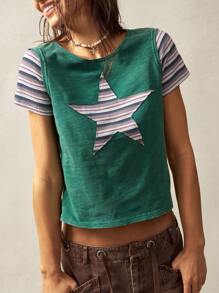 Bohemela BOHO Fitted Women's T-Shirt With Solid Color Knit Round Neck, Patchwork Star Print, Short Sleeve, Rustic Style