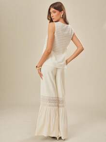 L'Amorae Women's Summer Vacation Knitted Top With Pearl Trim - White - View 3