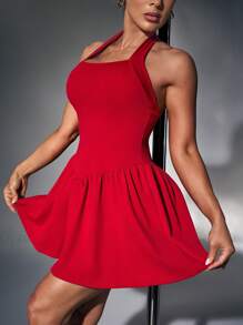 Menodora SHEIN Sport Women's Plain Color Pleated Racerback Casual Sports Dress For Daily Workout Athletic Dress Dancewear - Red - View 6