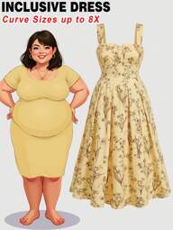 SHEIN CURVE+ Plus Size Apricot Background Black Retro Print Loose Flowy Maxi Dress, Flared Skirt, Straps, Suitable For Vacation, Summer