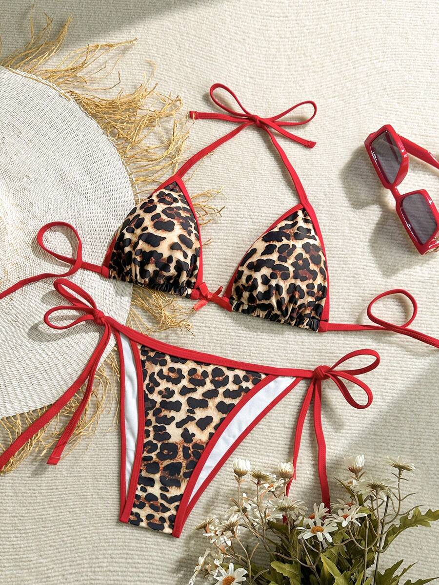 Soleia Women's Leopard Print Color Block Bowknot Front And Tied Back Bikini Two Pieces Set, Perfect For Vacation