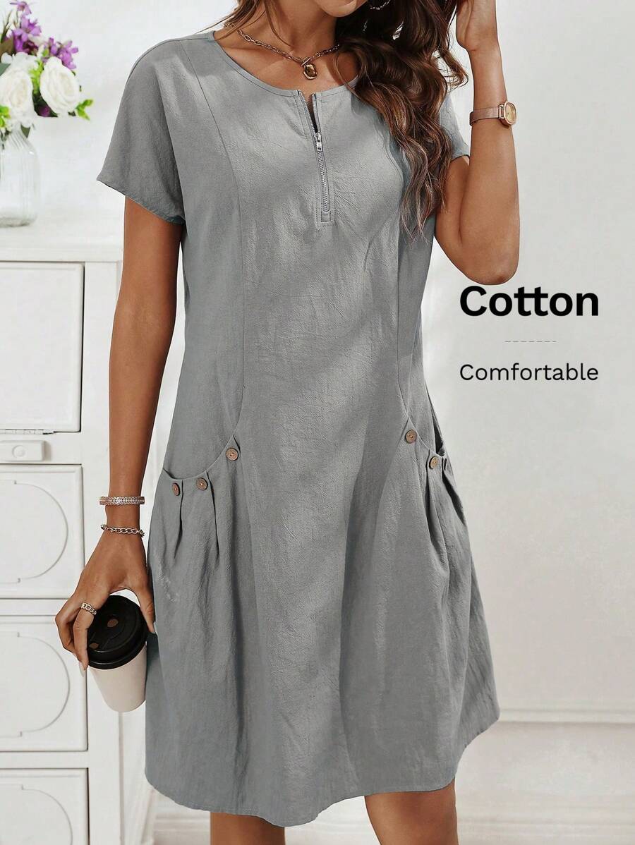 EMERY ROSE Women's Casual Zip Collar Grey Dress, Summer