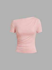 Ellevyn 不对称领口褶饰短袖针织纯色 T 恤，粉色、黑色、白色，优雅女士春夏装 - 彩色 - 查看 3