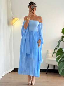 Rafferiza Summer Elegant Off Shoulder Pleated Hem Long Dress - Blue - View 1