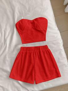 SHEIN 青少年女孩休闲度假两件套纹理抹胸短款上衣和高腰短裤套装 - 紅色 - 查看 6