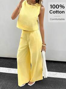 Women Solid Color Round Neck Top And Pants 2 Pieces Casual Set Summer - Yellow - View 5