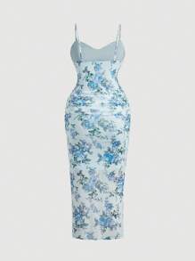 SHEIN MOD Plus Size Women Vintage Floral Print Ruched Slit Midi Dress,Blue Women Dresses,Fairy Dress,Formal Dress,New Year Eve, Party Dress,Holiday Dress, Women Clothes,Party Women Dresses,New Year,Valentine,Corset Dress,Birthday Dresses For Women