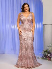 Glamrae 加大码优雅黑色正式晚礼服，肩部饰有花卉串珠刺绣，深 V 领，束腰，拖尾 - 粉色 - 查看 6