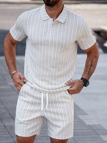 Manfinity CasualCool Men's Striped Short Sleeve Polo Shirt And Drawstring Waist Shorts Set, Men Two Pieces Sets - Coffee Brown - View 6