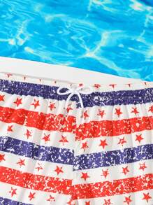 Men's Blue & Red Striped Star Print Pattern Comfortable Short Beach Shorts, Random Print - Blue - View 6