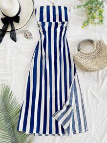 Soleia Women Tropical Island Vacation Halter Backless Tie Waist A-Line Long Dress, Green & White Stripe Print Summer Dresses For Women,Sun Dresses For Women - Blue and White - View 7