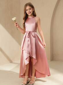 SHEIN Tween Girls Solid Color Asymmetric Hem Knotted Waist Elegant Party Dress