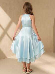 SHEIN 花童吊带裙，缎面处理，不对称下摆，优雅适合婚礼、派对、生日、演出 - 藍色 - 查看 2